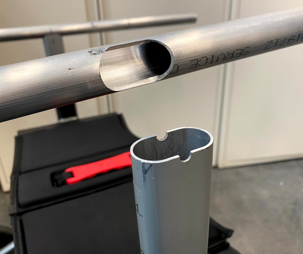 Figure 7. The cross-section of the handlebar tubing is milled out of the handlebar tubing to fit them together before welding.